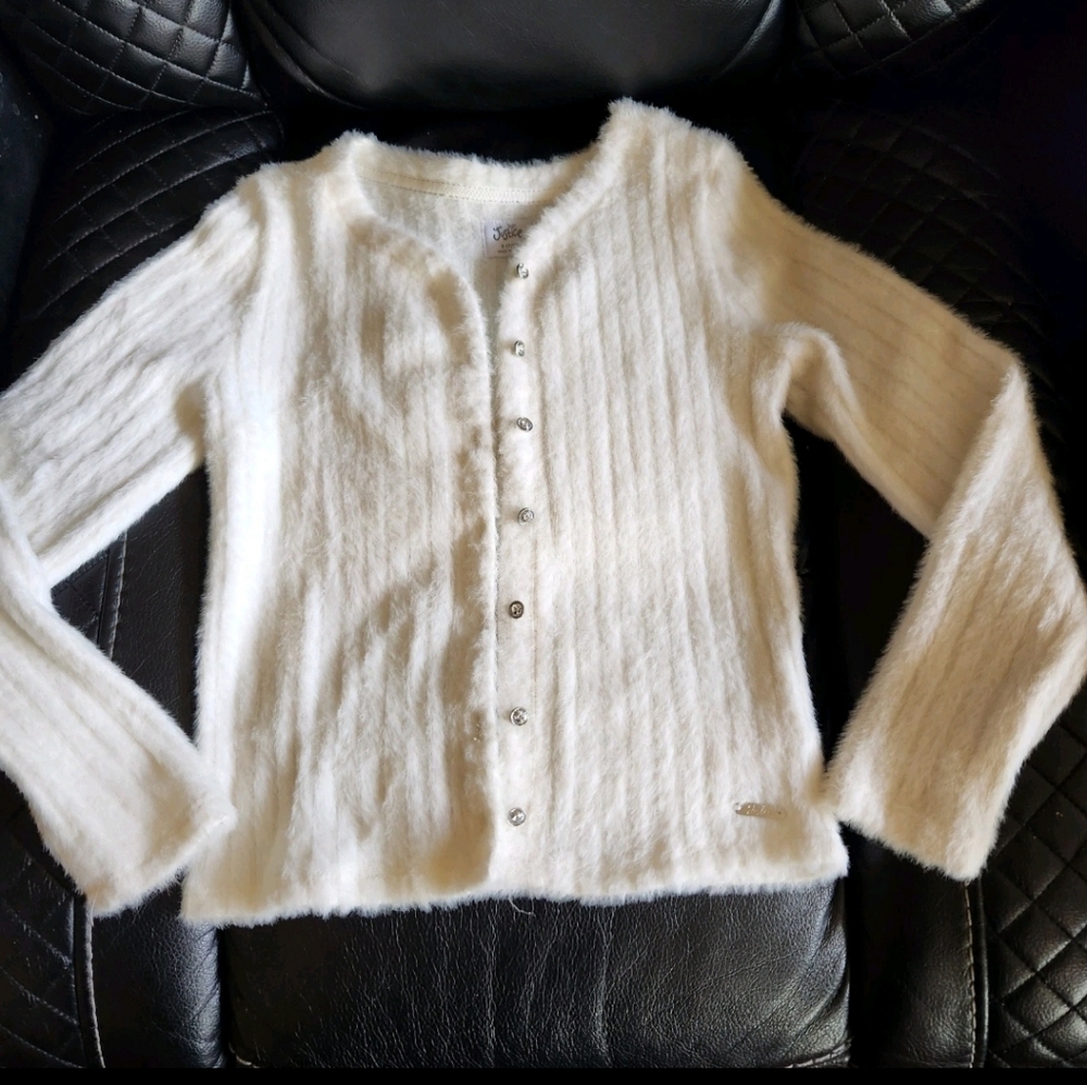 Girls Justice Silver White Jewel Button Up Fluffy Cardigan 6X Easter Spring Cool